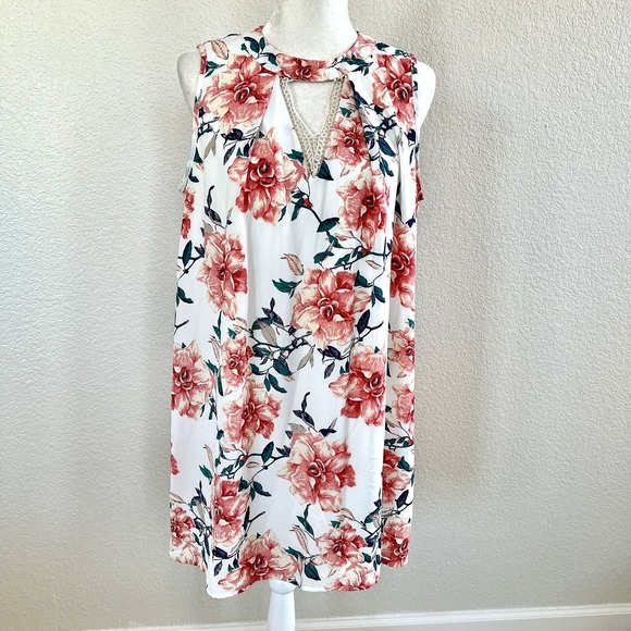 Peach Love Size Medium Pink Green Floral Ruffle Front Sun Dress Keyhole V Neck - Picture 1 of 13